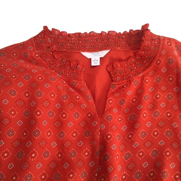Boho Handkerchief hem Dress Women Large 12/14 red Orange print Long Sleeve - Picture 13 of 16